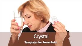  Presentation with medicines - Audience pleasing slides consisting of portrait of senior woman suffering from headache and holding glass of water and medicines isolated on white backdrop and a red colored foreground