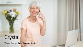  Presentation with mobile home - Slide deck featuring portrait of senior woman talking background and a  colored foreground