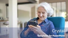  Presentation with smartphone - PPT theme consisting of portrait-of-senior-woman-using background and a ocean colored foreground