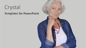  Presentation with jeans - PPT layouts having portrait-of-senior-woman-wearing background and a light gray colored foreground