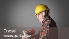  Presentation with senior worker - Cool new presentation with portrait of senior worker with drill and hard hat backdrop and a gray colored foreground