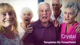  Presentation with funny retirement - Slide set with portrait of seniors doing funny background and a violet colored foreground