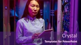  Presentation with server room - Presentation design enhanced with portrait-of-serious-asian-network background and a violet colored foreground