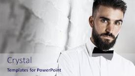  Presentation with white brick wall - Amazing slides having portrait of serious bearded man wearing bow-tie and white shirt in front of white brick wall copyspace backdrop and a sky blue colored foreground