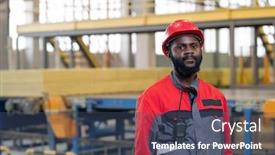  Presentation with walkie talkie - Beautiful PPT layouts featuring portrait-of-serious-black-laborer backdrop and a ocean colored foreground