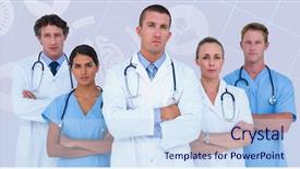  Presentation with pastel - Colorful PPT theme enhanced with portrait of serious doctors standing with arms crossed against pastel blue backdrop and a sky blue colored foreground