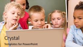  Presentation with working togheter kids - Beautiful presentation theme featuring portrait of serious kids working backdrop and a  colored foreground