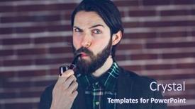  Presentation with pipe - Beautiful slide deck featuring portrait of serious man looking away with smoking pipe against brick wall backdrop and a navy blue colored foreground