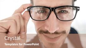  Presentation with glasses - PPT theme having portrait of serious man wearing glasses background and a coral colored foreground