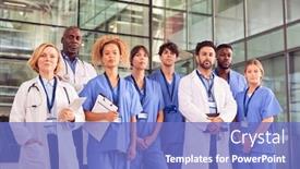  Presentation with team building - PPT theme consisting of portrait-of-serious-medical-team background and a teal colored foreground