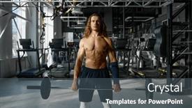  Presentation with barbell - Presentation theme featuring portrait-of-serious-strong-shirtless background and a dark gray colored foreground