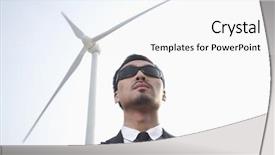  Presentation with turbine - Presentation theme consisting of portrait of serious young businessman in sunglasses standing by a wind turbine background and a white colored foreground