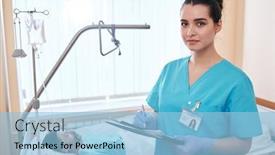  Presentation with surgical nurse - Amazing PPT theme having portrait-of-serious-young-nurse backdrop and a light blue colored foreground