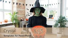  Presentation with witches - Colorful PPT theme enhanced with portrait-of-serious-young-woman backdrop and a coral colored foreground