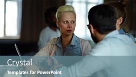  Presentation with discussion room - Audience pleasing presentation consisting of portrait of several modern business people dressed in casual clothes sitting together at table in dim room having discussion meeting and talking to each other backdrop and a seafoam green colored foreground