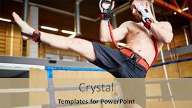  Presentation with boxing ring - Slide set featuring portrait of shirtless fighter practicing high kick with resistance band belt in boxing ring background and a coral colored foreground