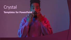 Presentation with african violet - Slide deck featuring portrait of shocked african american man in colorful hoodie poising and looking at camera isolated over violet background background and a tawny brown colored foreground