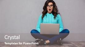  Presentation with laptop computers around the world backgroun - Presentation consisting of portrait of shocked woman sitting background and a gray colored foreground