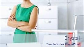  Presentation with green office - Cool new PPT layouts with portrait of short haired female office worker in green dress at office backdrop and a sky blue colored foreground