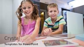  Presentation with siblings - PPT theme enhanced with portrait of siblings doing their homework in kitchen at home background and a coral colored foreground