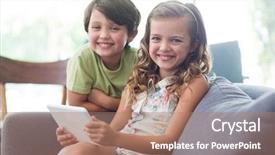  Presentation with siblings - Presentation theme having portrait of siblings with digital tablet sitting on sofa in living room at home background and a coral colored foreground