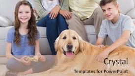  Presentation with siblings - Colorful PPT layouts enhanced with portrait of siblings with dog and parents sitting behind at home backdrop and a coral colored foreground