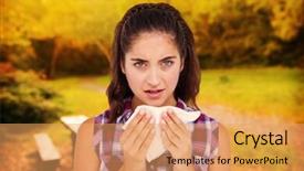  Presentation with sneezing - Presentation theme consisting of portrait of sick woman sneezing in a tissue against peaceful autumn scene in forest background and a yellow colored foreground
