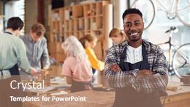  Presentation with workshop - Colorful presentation design enhanced with portrait-of-small-business-owner backdrop and a coral colored foreground