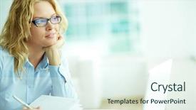  Presentation with smart - Beautiful theme featuring portrait of smart businesswoman thinking backdrop and a sky blue colored foreground