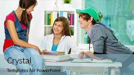  Presentation with classmates - Amazing PPT theme having portrait-of-smart-classmates-interacting backdrop and a  colored foreground