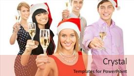  Presentation with flutes - Colorful slides enhanced with portrait of smart colleagues with flutes of champagne wishing you merry christmas backdrop and a coral colored foreground