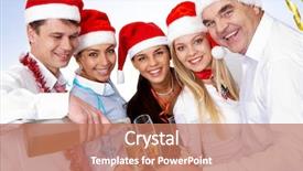  Presentation with flutes - Theme featuring portrait of smart colleagues with flutes of champagne looking at camera background and a coral colored foreground