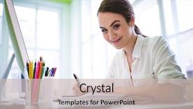  Presentation with creative writing - PPT theme with portrait of smart graphic designer writing on document at desk in creative office background and a soft green colored foreground