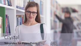  Presentation with girl reading - Presentation enhanced with portrait of smart looking famale student girl in collage school library reading book background and a light blue colored foreground