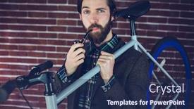  Presentation with pipe - Colorful slide set enhanced with portrait of smart man with bicycle smoking pipe against brick wall backdrop and a navy blue colored foreground