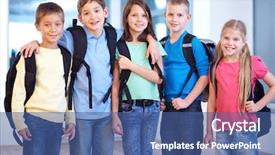  Presentation with on line education - Slide deck with portrait of smart schoolkids standing background and a ocean colored foreground