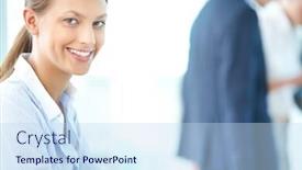  Presentation with secretary - Cool new presentation with portrait of smart secretary looking at camera with smile backdrop and a sky blue colored foreground