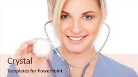 Presentation with nurse - Beautiful PPT theme featuring portrait of smiley nurse in blue uniform with stethoscope isolated on white background backdrop and a lemonade colored foreground