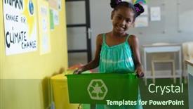  Presentation with environmental cleanup - Slides featuring portrait-of-smiling-african-american background and a forest green colored foreground