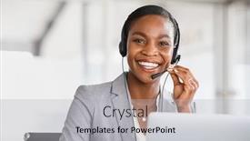  Presentation with customer service - Slide deck having portrait-of-smiling-african-american and a light gray colored foreground