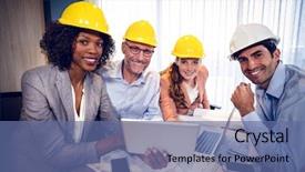  Presentation with architects - Presentation enhanced with portrait of smiling architects discussing over digital tablet during meeting in office background and a ocean colored foreground