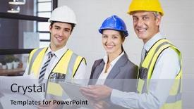  Presentation with architects - PPT theme consisting of portrait of smiling architects standing in building background and a light blue colored foreground