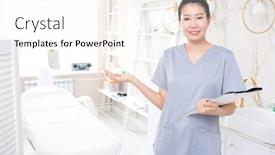  Presentation with scrubs - PPT theme having portrait-of-smiling-asian-cosmetologist background and a white colored foreground