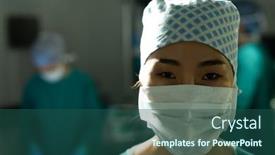  Presentation with theatre mask - Theme featuring portrait-of-smiling-asian-female background and a ocean colored foreground