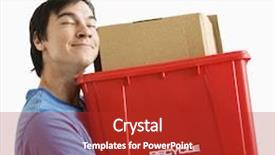  Presentation with recycling - Beautiful theme featuring portrait of smiling asian young man holding recycling bin backdrop and a crimson colored foreground