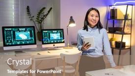  Presentation with digital car - Presentation theme enhanced with portrait-of-smiling-attractive-asian background and a coral colored foreground