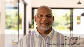  Presentation with assisted living - Slides enhanced with portrait-of-smiling-bald-biracial background and a coral colored foreground