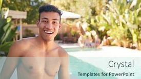  Presentation with summer party - Amazing presentation theme having portrait-of-smiling-bare-chested backdrop and a cool aqua colored foreground