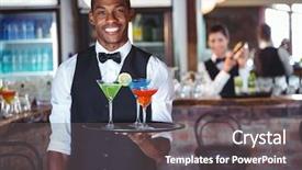  Presentation with bartender - Amazing PPT layouts having portrait of smiling bartender holding backdrop and a gray colored foreground