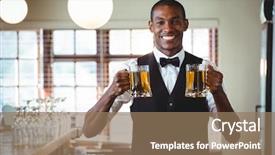  Presentation with bartender - Theme consisting of portrait of smiling bartender standing at bar counter offering a two glass of beer background and a coral colored foreground